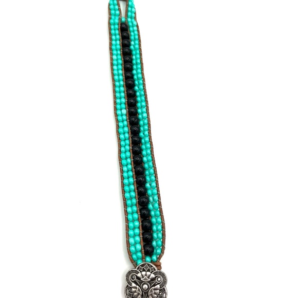 HAND CRAFTED Turquoise and Black Onyx Triple Cuff Leather Bracelet - Picture 9 of 13